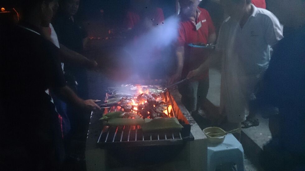 Lamb roasting over a BBQ pit at night